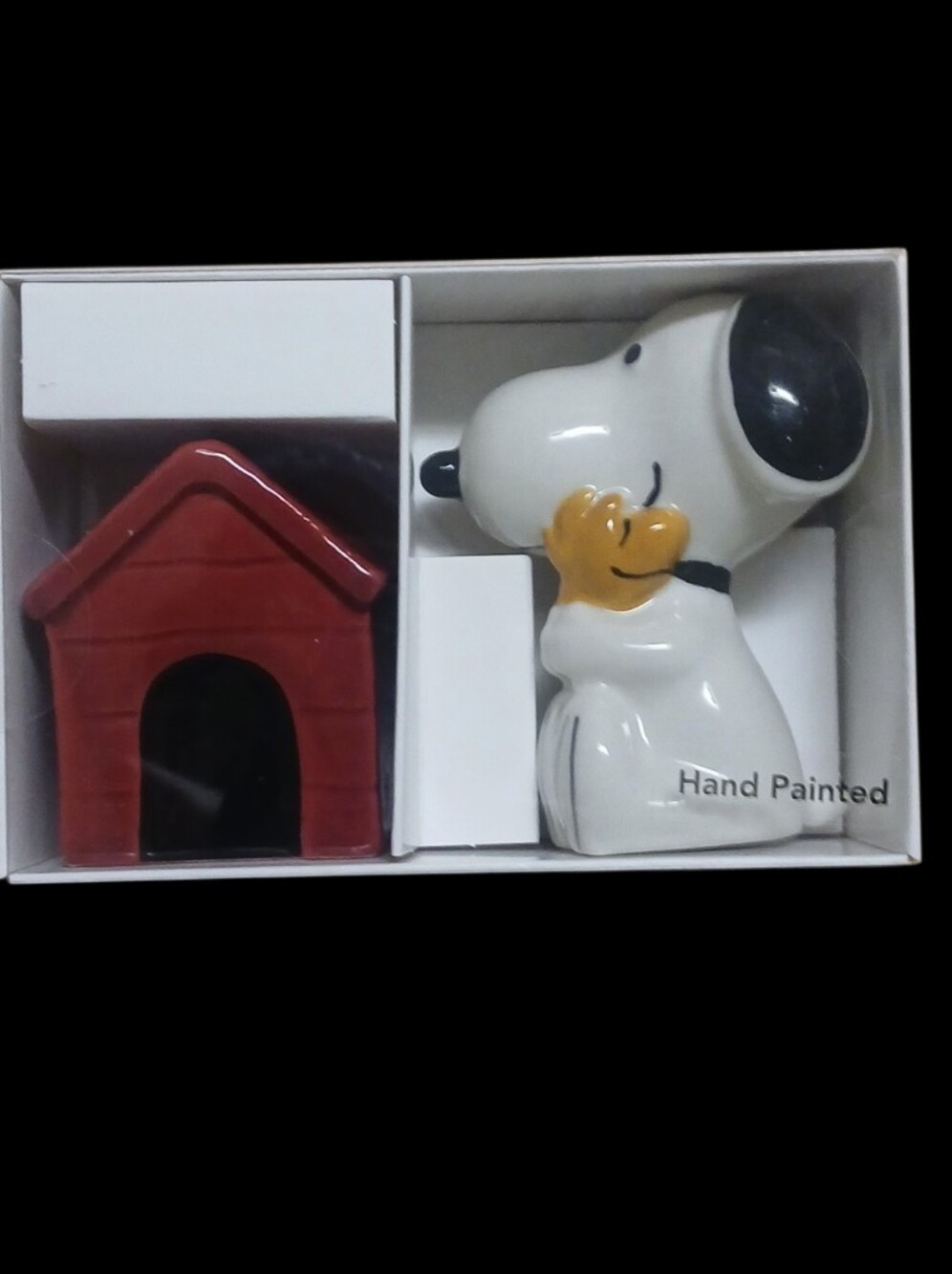 Peanuts - Hand Painted Ceramic Snoopy Salt Shaker & Red Dog House Pepper Shaker